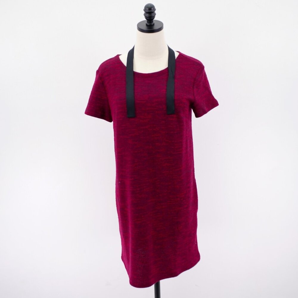 Loft Size 6 Red Knit Open Back Short Sleeve Dress Round Neck Pockets Polyester C